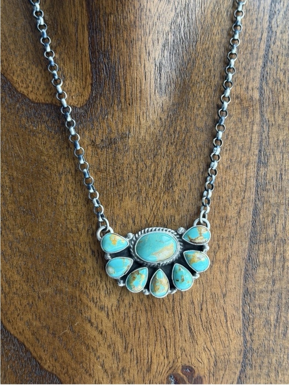Navajo Sterling Silver Turquoise Cluster Chain Necklace Marcella James
